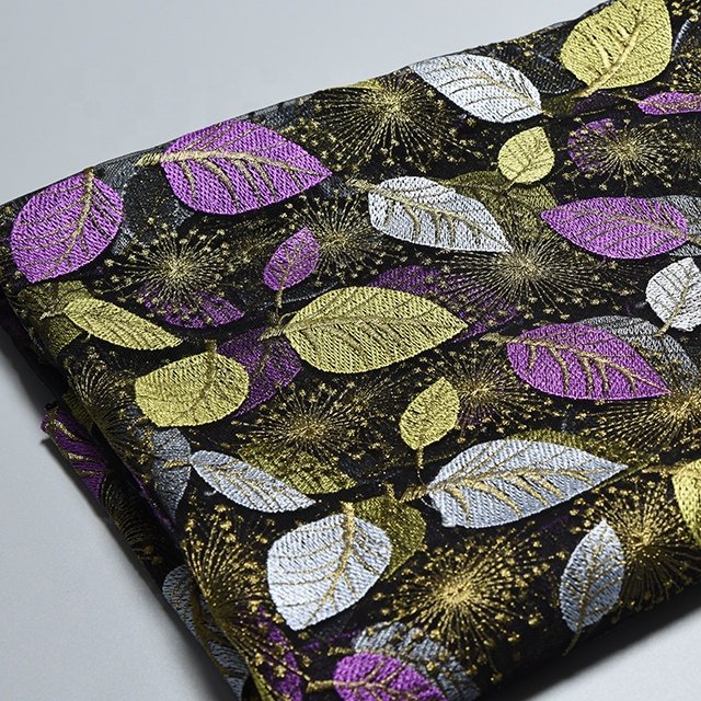 Embroidered Mesh Lace Fabric New Design Colorful Leaves Pattern Stretch Nylon Embroidery Yarn Decorated Fashion Customized Color