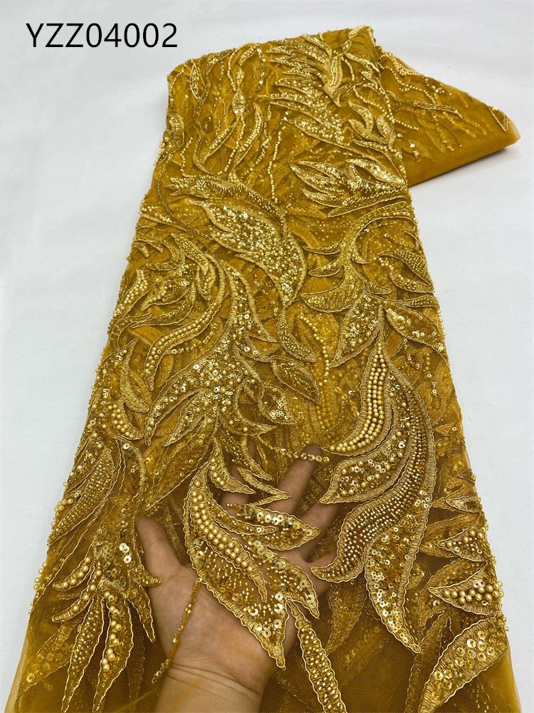 High Quality Luxury Golden Beaded Sequin Laces Fabrics for Women Wedding Dress African Lace Embroidery for party