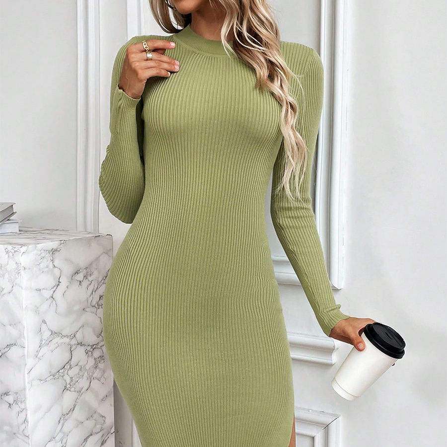 OEM Fashion Versatile Knit Winter Autumn Knitted Dress Wholesale Rib Knit Mock Dress Pleated Sweater Dress for Women