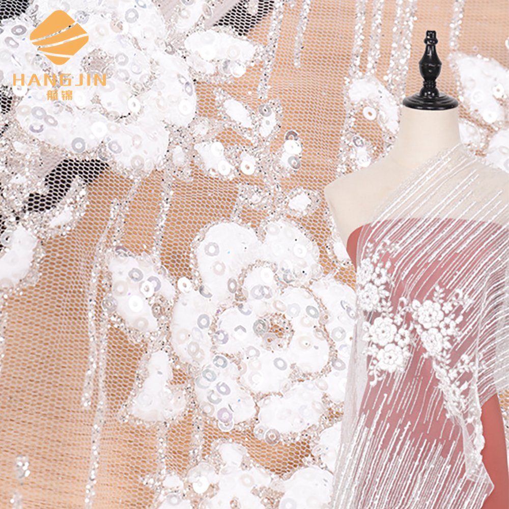 New white wedding glitter foam lace trim embroidery floral sequin lace fabric