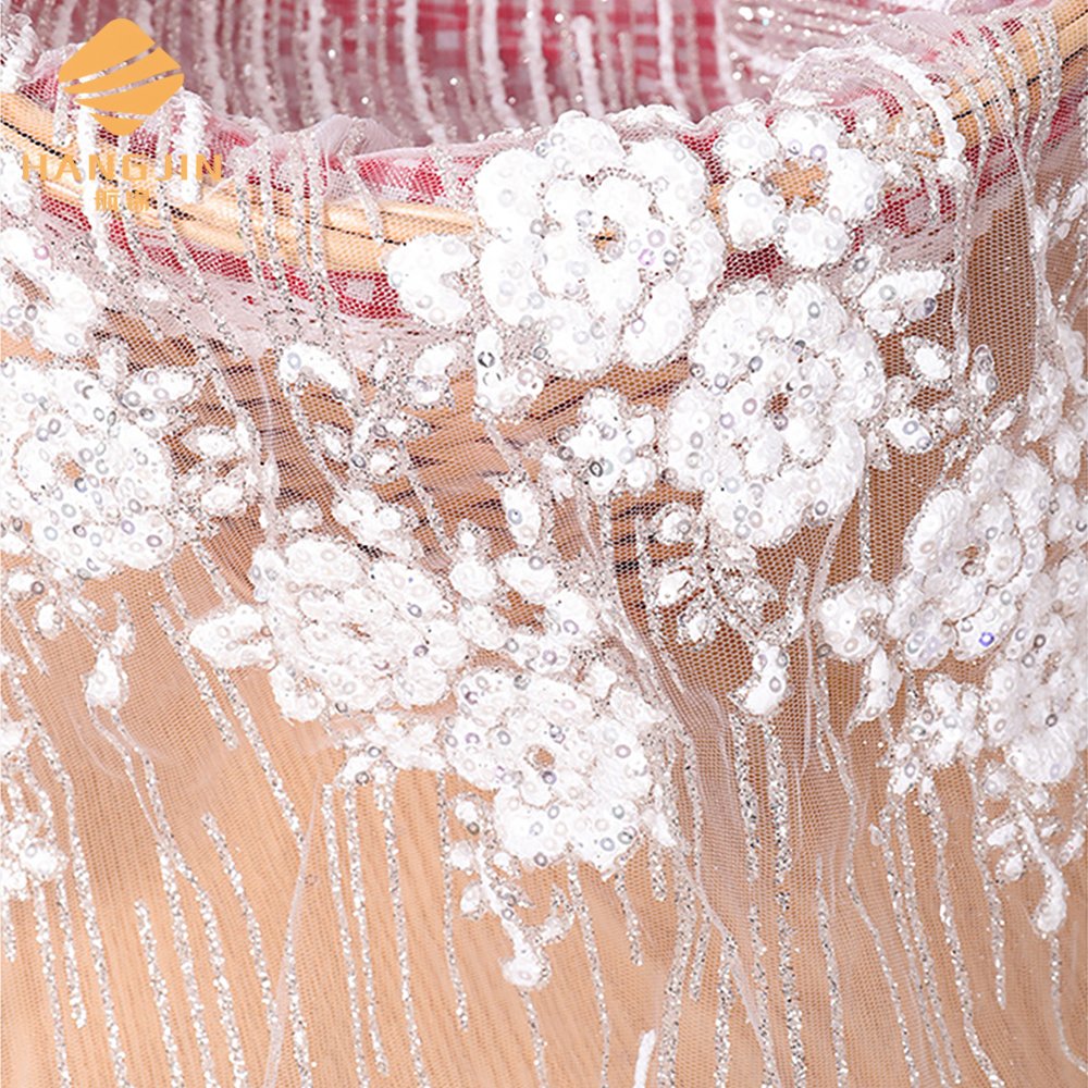 New white wedding glitter foam lace trim embroidery floral sequin lace fabric