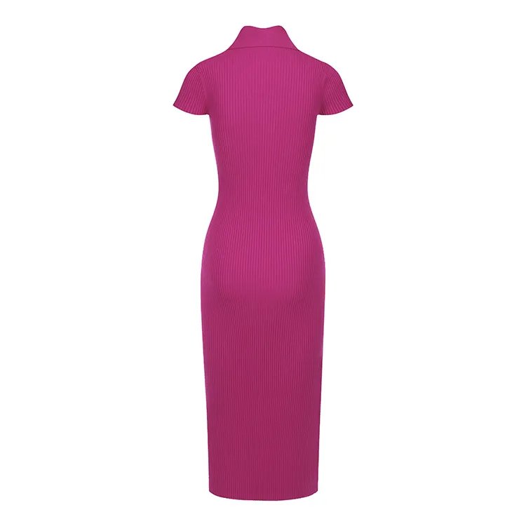Knitwear manufacturers custom polo neck short sleeve casual rib women dresses summer sweater knit dress