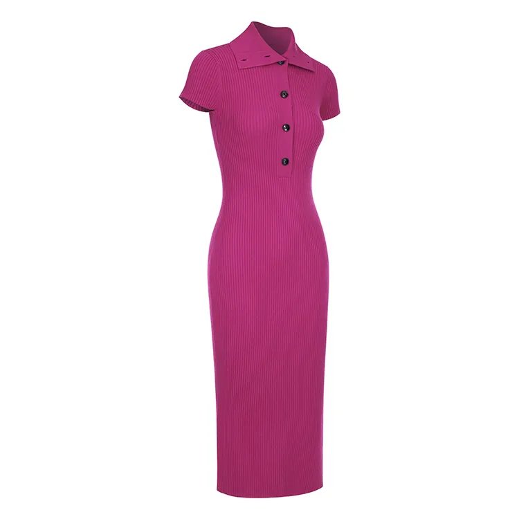 Knitwear manufacturers custom polo neck short sleeve casual rib women dresses summer sweater knit dress