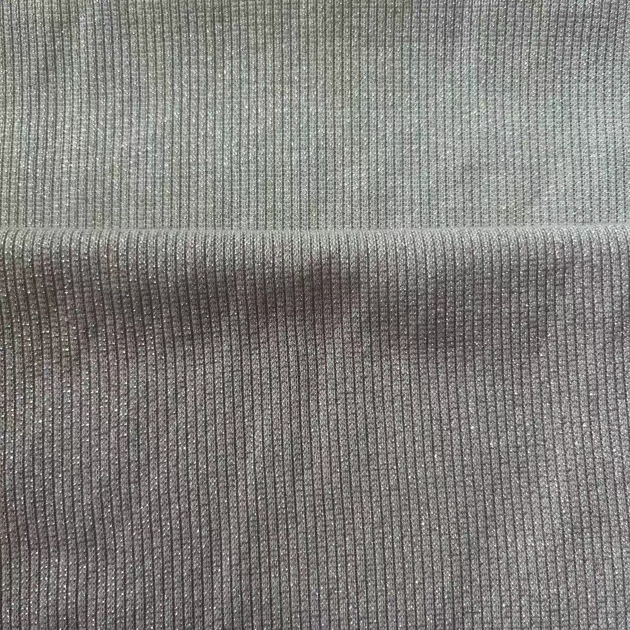 High Quality Custom Polyester Metallic Lurex Stretch Rib Knit Fabric for Ladies Shiny Dress and Shirt/Sweatshirt