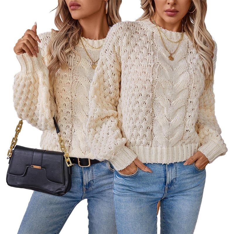 Wholesale winter casual light pullover hollow out cutout twisted eight jumper solid color cable knitted ribbed women sweater