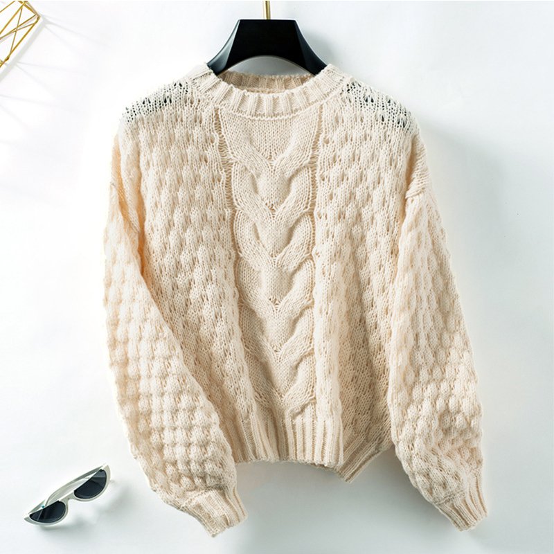 Wholesale winter casual light pullover hollow out cutout twisted eight jumper solid color cable knitted ribbed women sweater