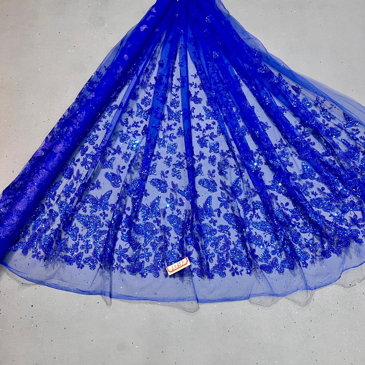 Royal Blue Fancy Custom Pattern Design Glitter Lace For Wedding Dress Fabric Mesh Lace