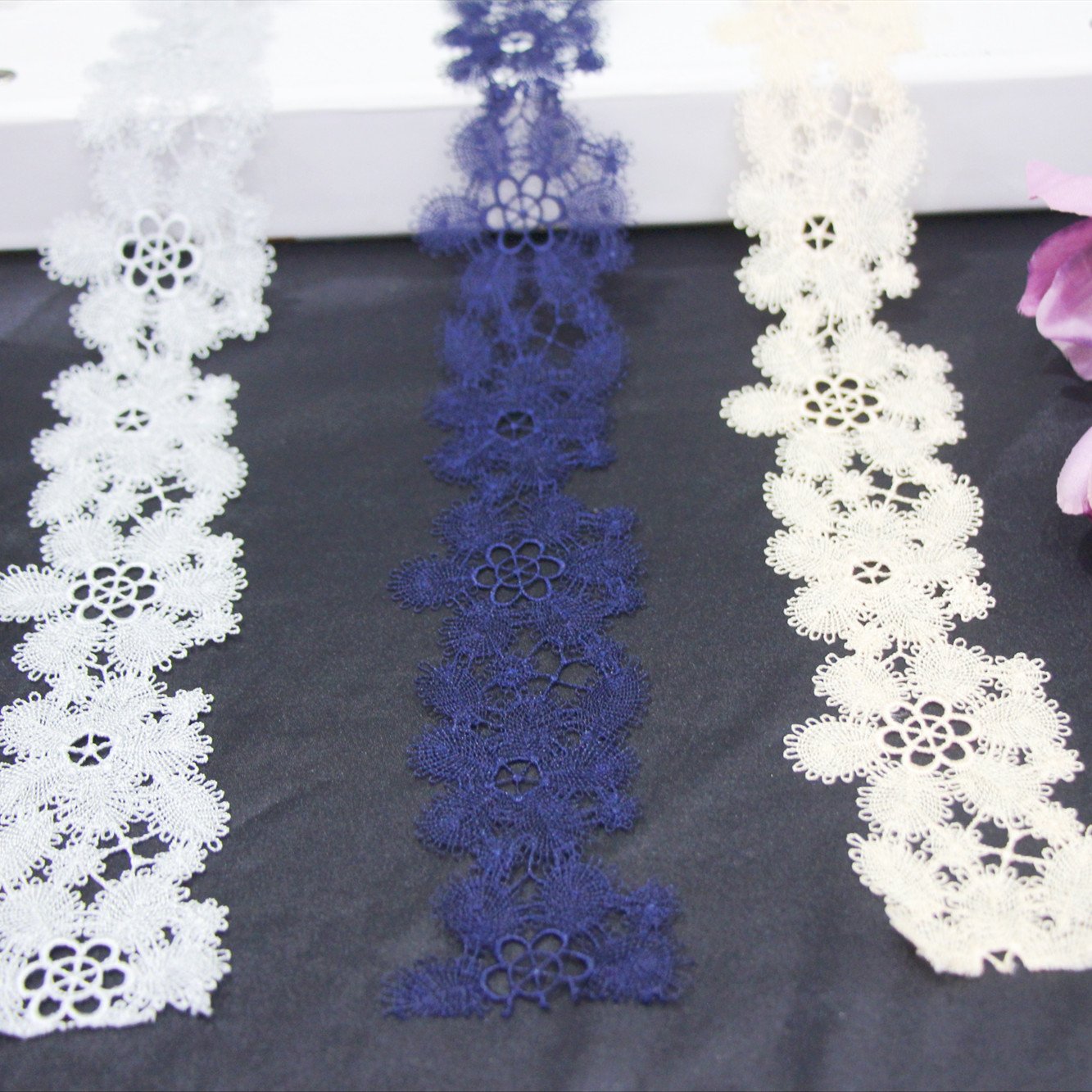 Narrow White Blue Embroidery Ribbon Lace Trim Nylon Border Lace Trimming for Women
