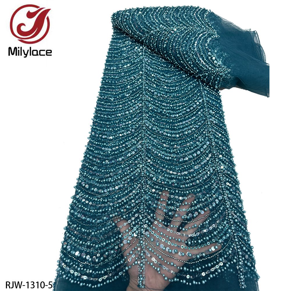 Luxury Bridal Lace Fabric With Beads Tulle Embroidered French Heavy Beaded Lace Fabric For Weddings