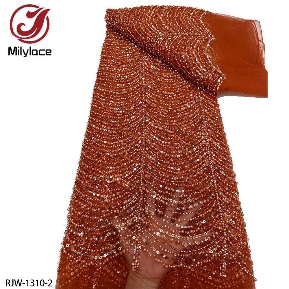Luxury Bridal Lace Fabric With Beads Tulle Embroidered French Heavy Beaded Lace Fabric For Weddings