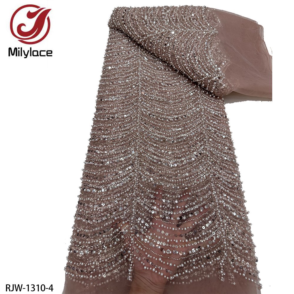 Luxury Bridal Lace Fabric With Beads Tulle Embroidered French Heavy Beaded Lace Fabric For Weddings