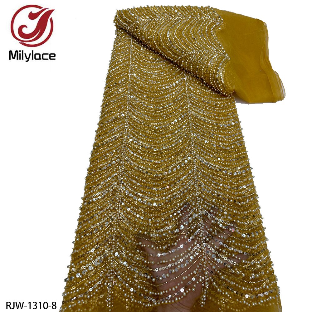 Luxury Bridal Lace Fabric With Beads Tulle Embroidered French Heavy Beaded Lace Fabric For Weddings