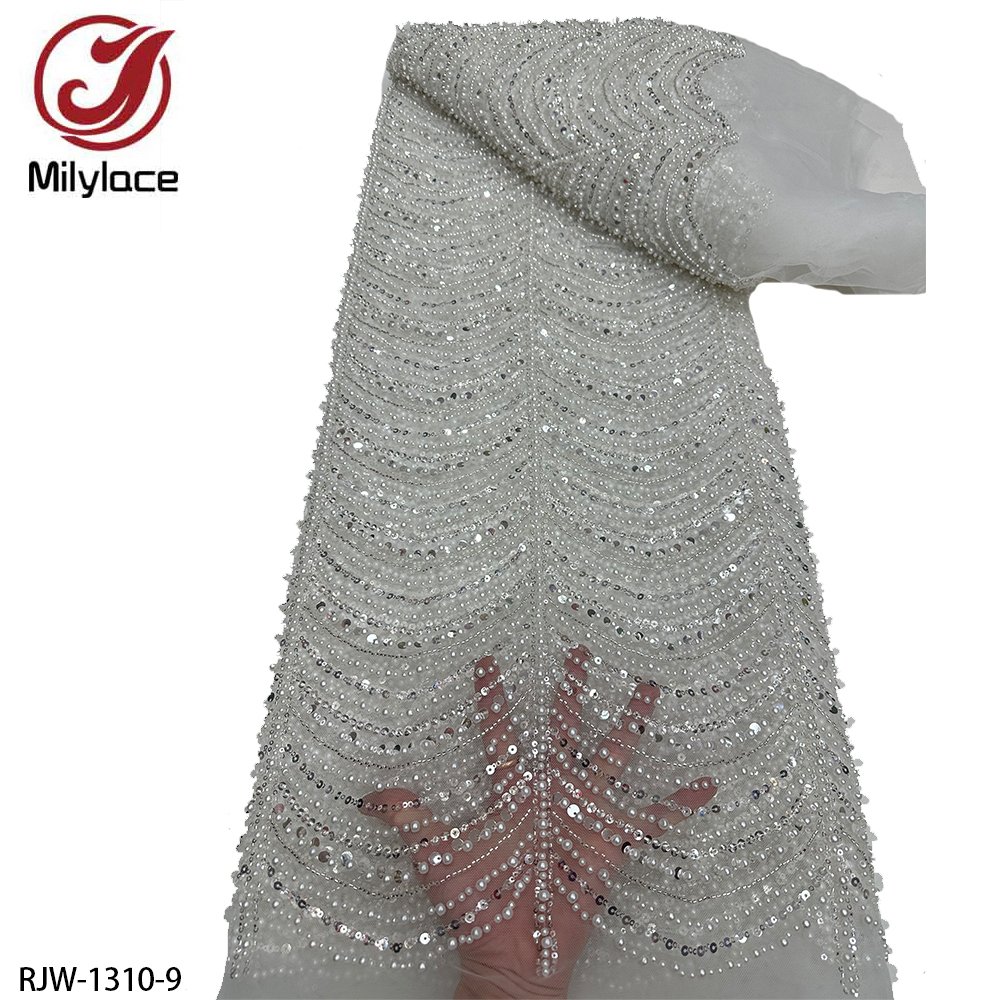 Luxury Bridal Lace Fabric With Beads Tulle Embroidered French Heavy Beaded Lace Fabric For Weddings