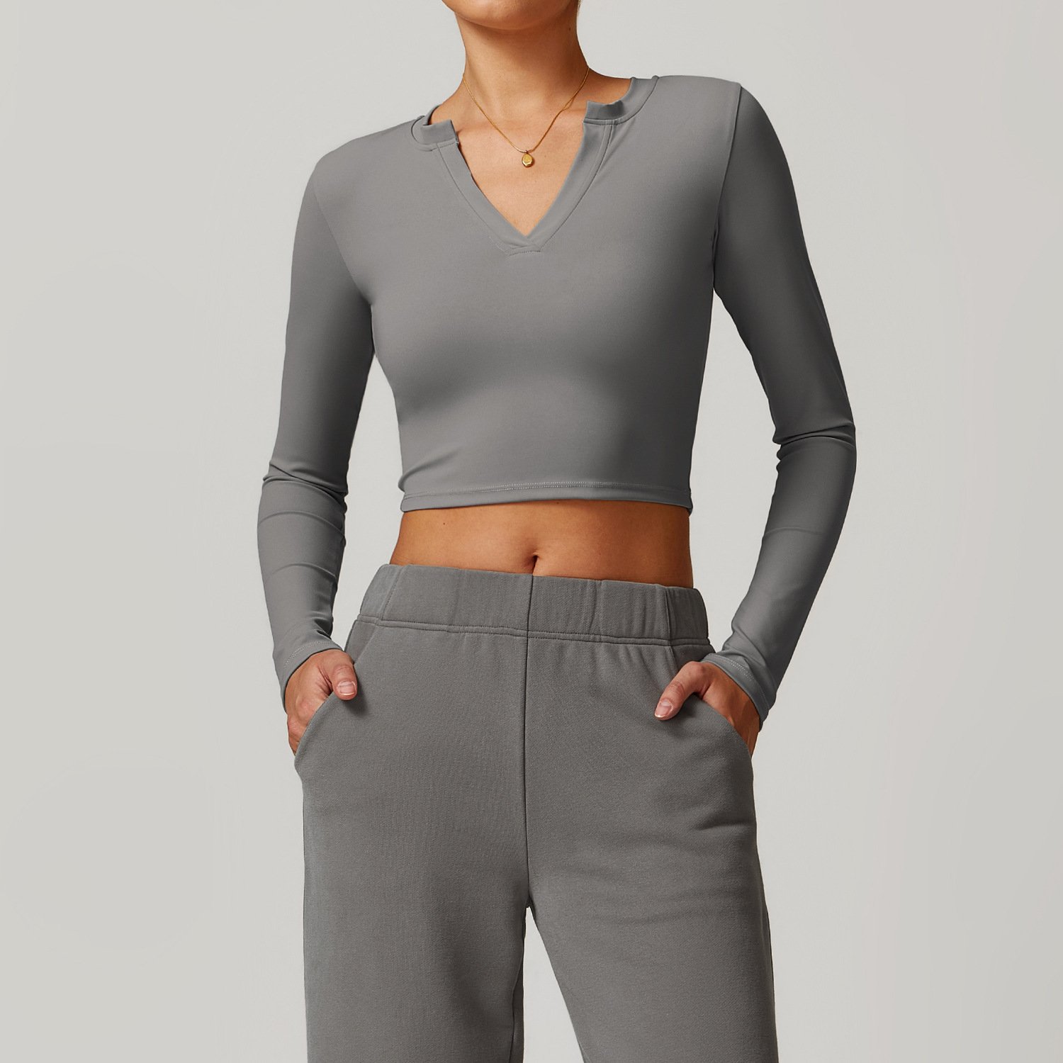 New Comfortable And Breathable Fashion Neckline With Chest Pads Rib Fit Yoga Suit Long Sleeve Women's Fitness Top