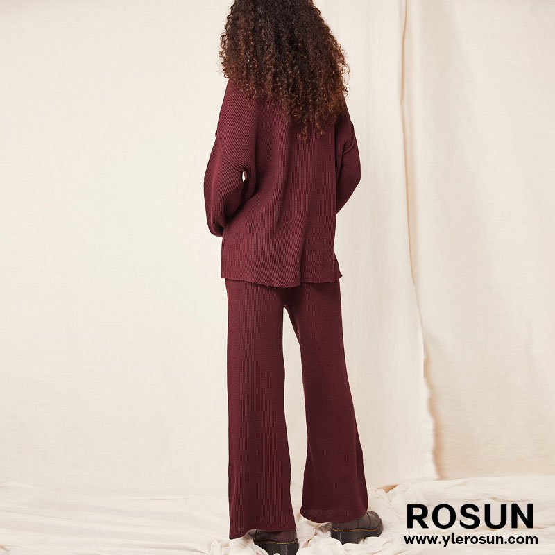 Women's Long Sleeve Knitted Sweater Ribbed and Long Pants Set