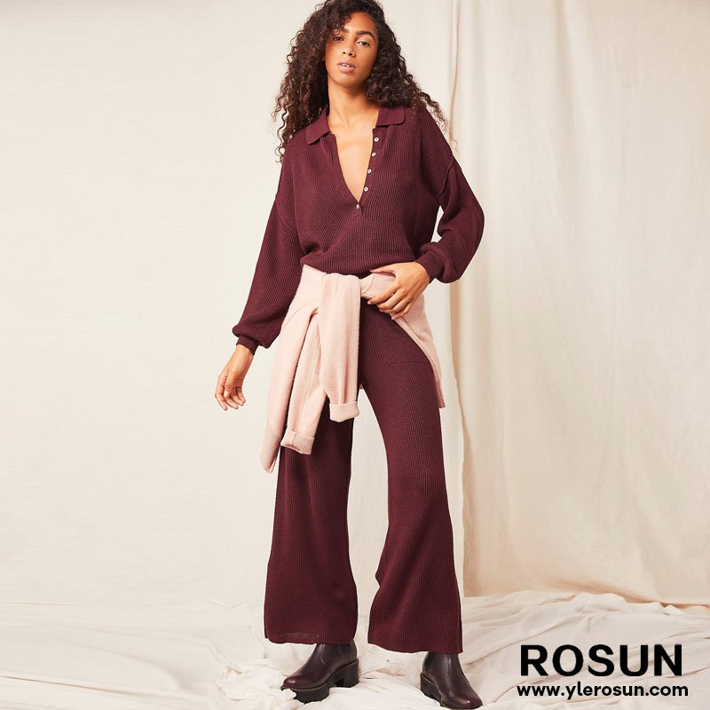 Women's Long Sleeve Knitted Sweater Ribbed and Long Pants Set