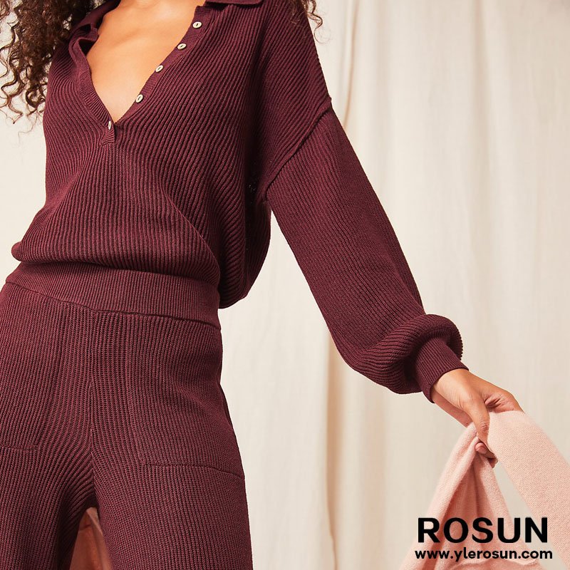 Women's Long Sleeve Knitted Sweater Ribbed and Long Pants Set