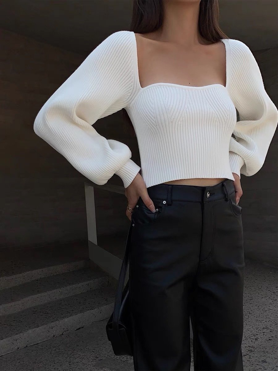 Womens Square Neck Long Sleeve Sweaters Casual Ribbed Knit Fitted Pullover Solid Slim Fitted T-Shirt Tops
