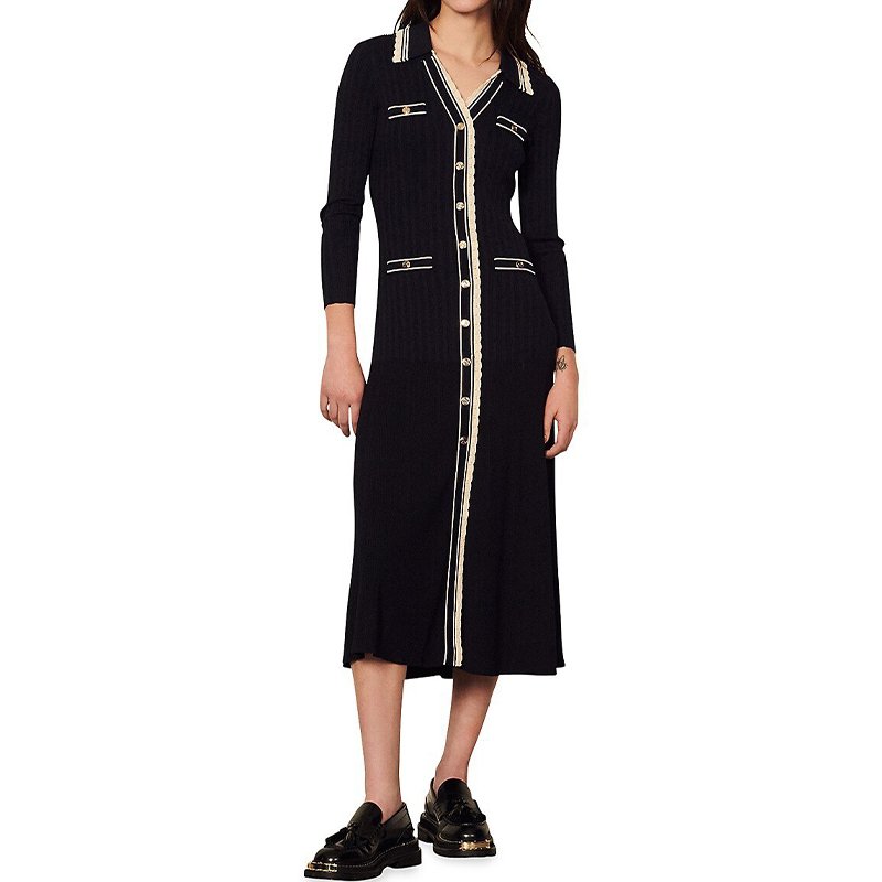 Polo Neck Elegant Solid Casual Luxury Long Sleeve Fashion Ladies Button Up Slim Casual Knitted Ribbed Midi Dress