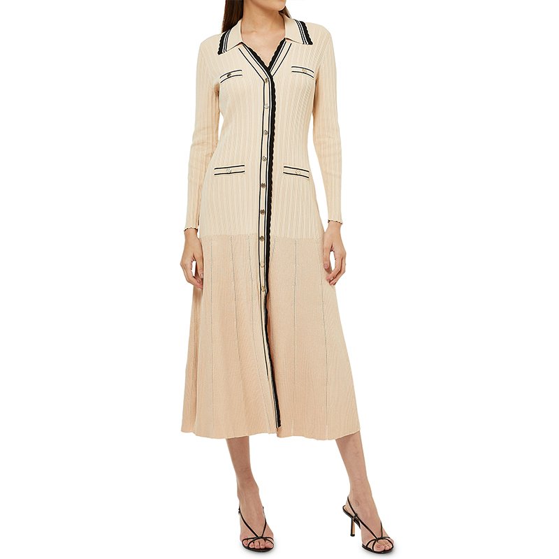 Polo Neck Elegant Solid Casual Luxury Long Sleeve Fashion Ladies Button Up Slim Casual Knitted Ribbed Midi Dress