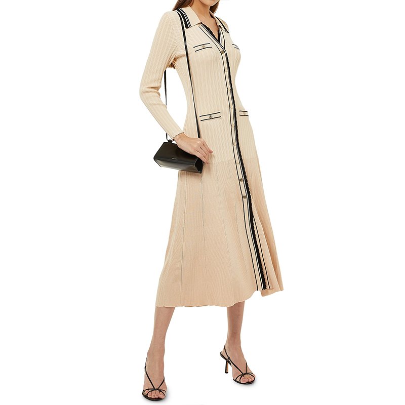 Polo Neck Elegant Solid Casual Luxury Long Sleeve Fashion Ladies Button Up Slim Casual Knitted Ribbed Midi Dress