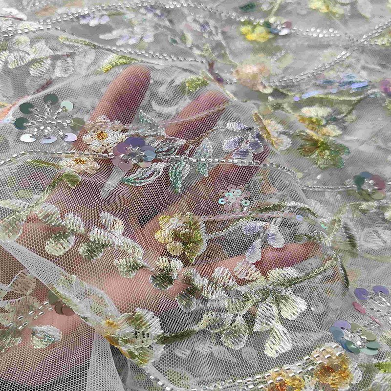 New Arrived Multi color Floral Tulle embroidery Sequin High Quality Lace Fabric With Beads And Pearl
