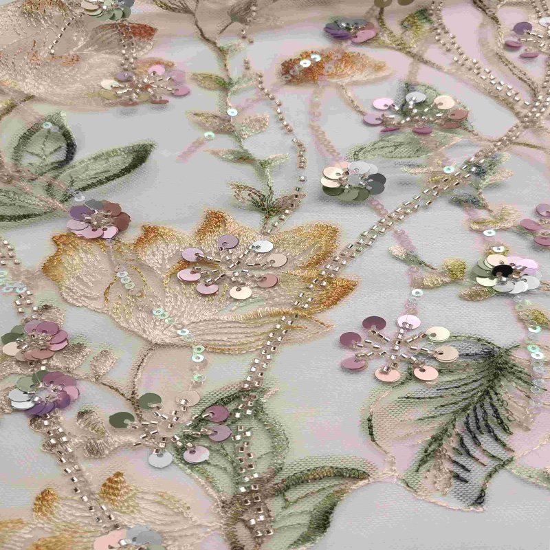New Arrived Multi color Floral Tulle embroidery Sequin High Quality Lace Fabric With Beads And Pearl