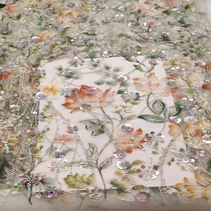 New Arrived Multi color Floral Tulle embroidery Sequin High Quality Lace Fabric With Beads And Pearl
