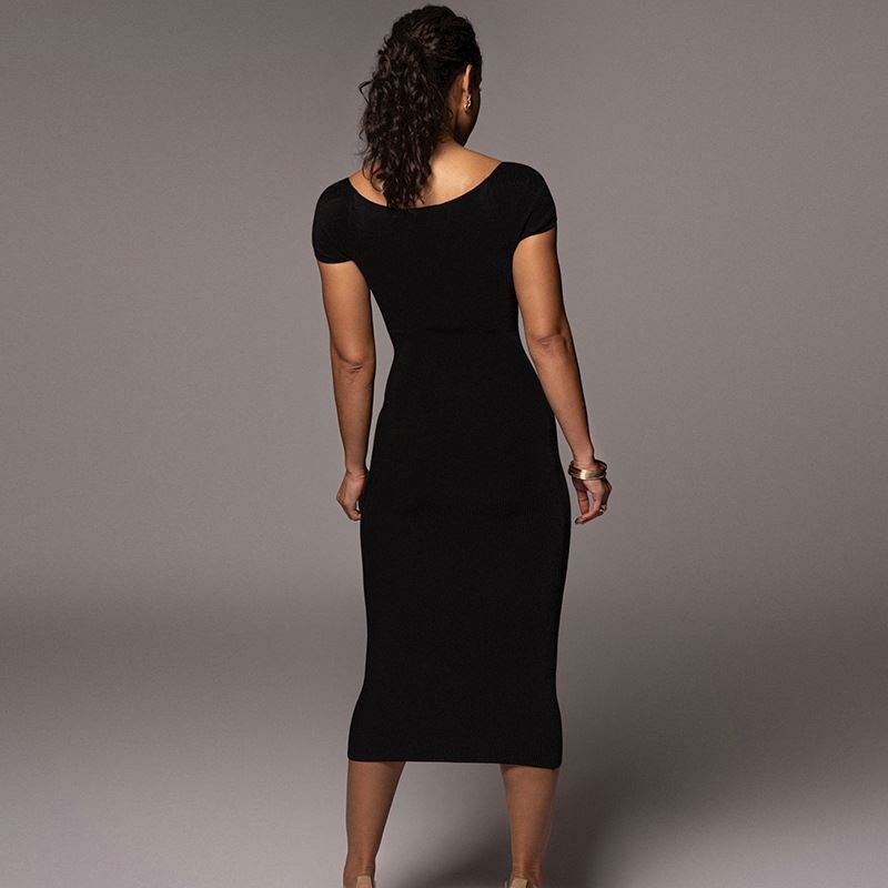 2022 Europe Women Sexy Pencil Long Dresses Off Shoulder New Fashion Solid Color Ribbed Pit Knit Lady Elastic Casual Dress