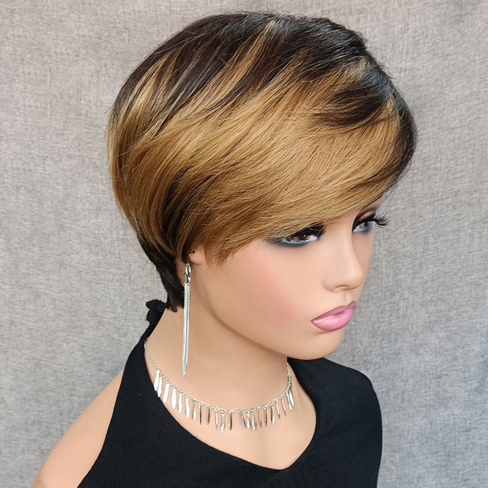 Cheap Short Colored Pixie Cut Straight Remy Brazilian Human Hair Wigs Full Machine Made Highlight Color Glueless No Lace Wig