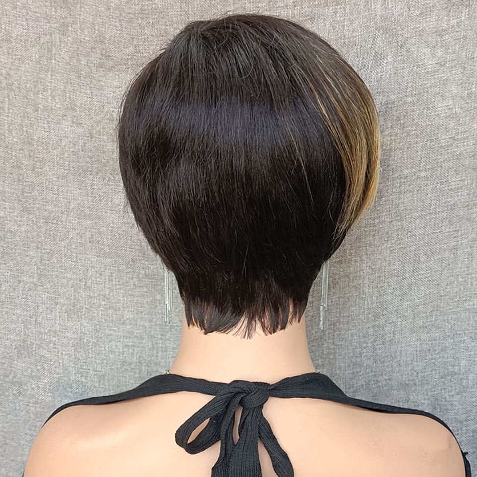 Cheap Short Colored Pixie Cut Straight Remy Brazilian Human Hair Wigs Full Machine Made Highlight Color Glueless No Lace Wig