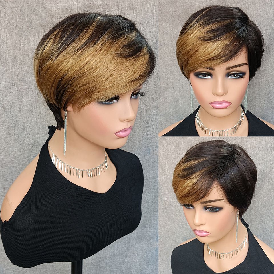 Cheap Short Colored Pixie Cut Straight Remy Brazilian Human Hair Wigs Full Machine Made Highlight Color Glueless No Lace Wig