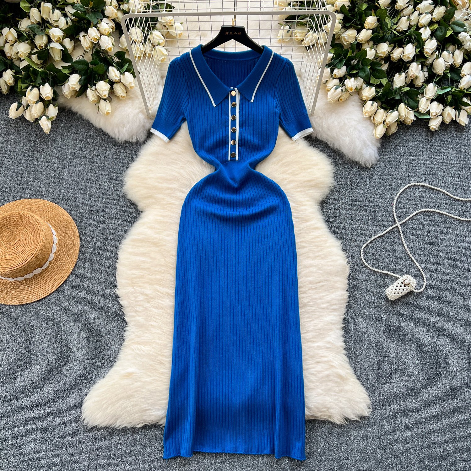 ZL0010Women's Knit Dresses Ribbed Polo Casual Dress Midi Short Sleeve Solid Sweater Dresses