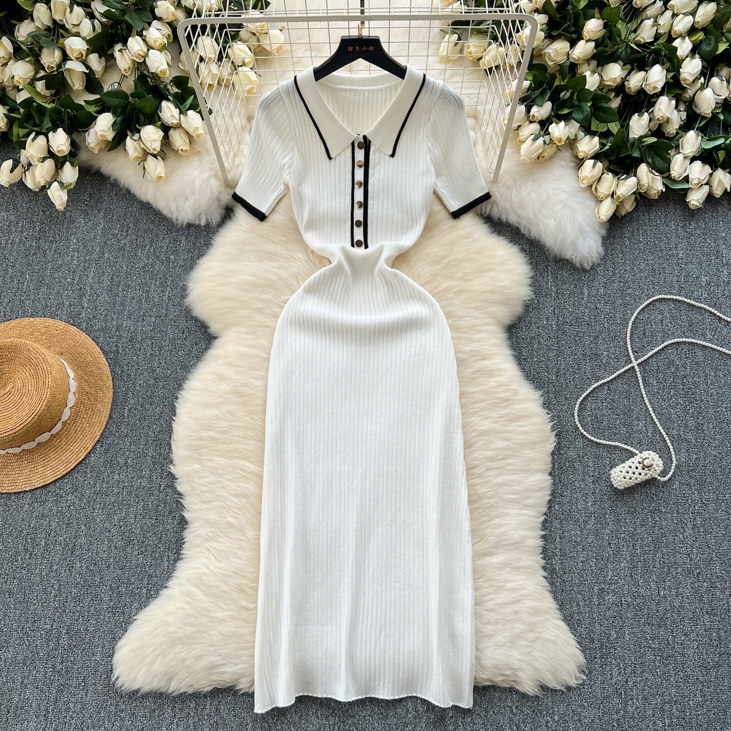 ZL0010Women's Knit Dresses Ribbed Polo Casual Dress Midi Short Sleeve Solid Sweater Dresses