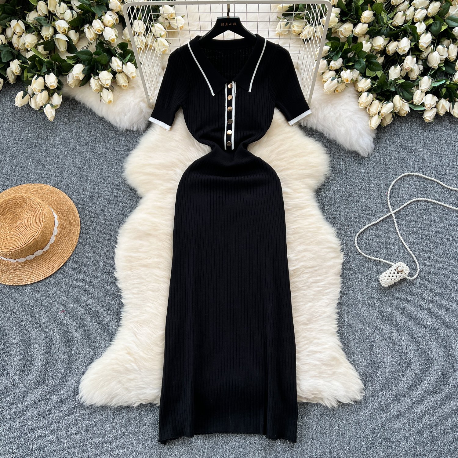 ZL0010Women's Knit Dresses Ribbed Polo Casual Dress Midi Short Sleeve Solid Sweater Dresses