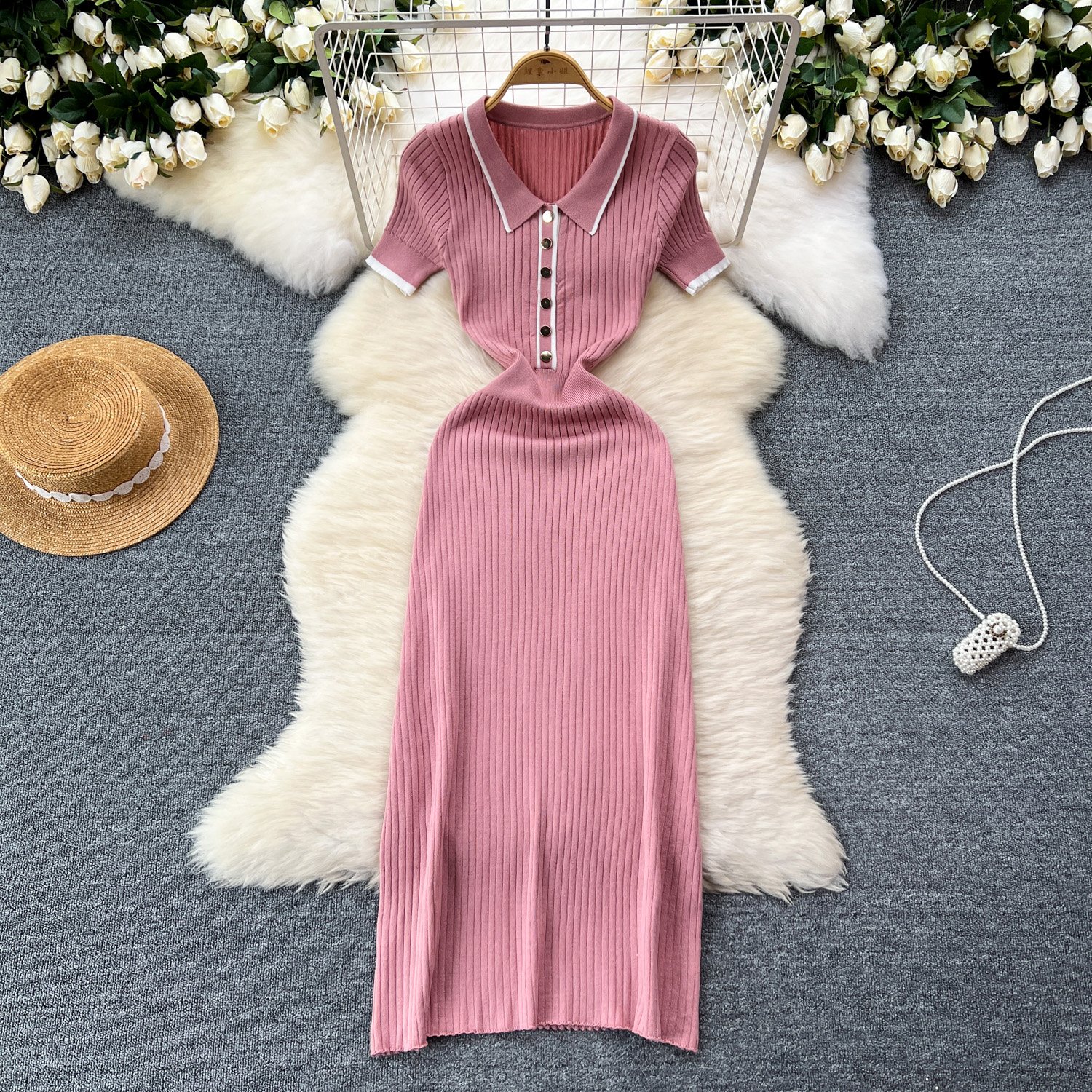 ZL0010Women's Knit Dresses Ribbed Polo Casual Dress Midi Short Sleeve Solid Sweater Dresses
