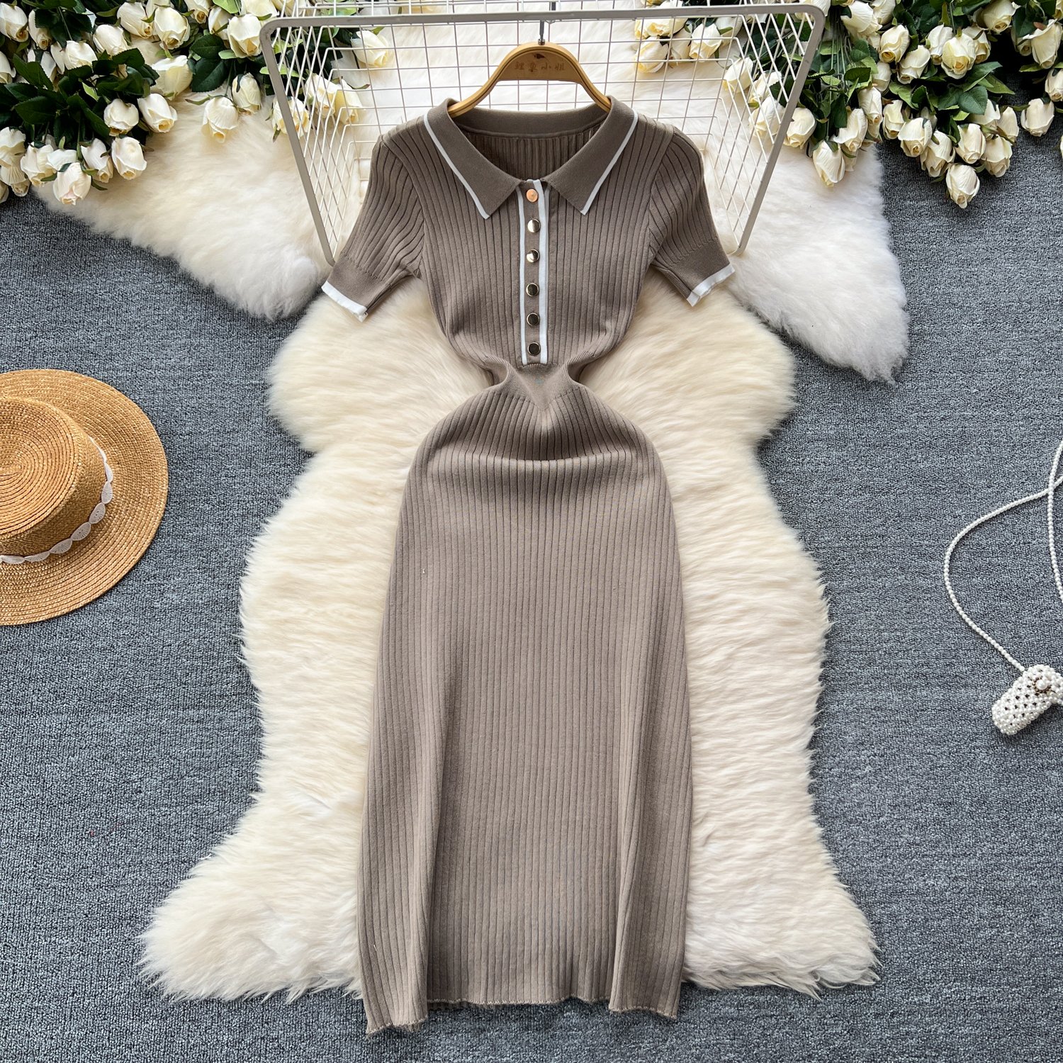 ZL0010Women's Knit Dresses Ribbed Polo Casual Dress Midi Short Sleeve Solid Sweater Dresses
