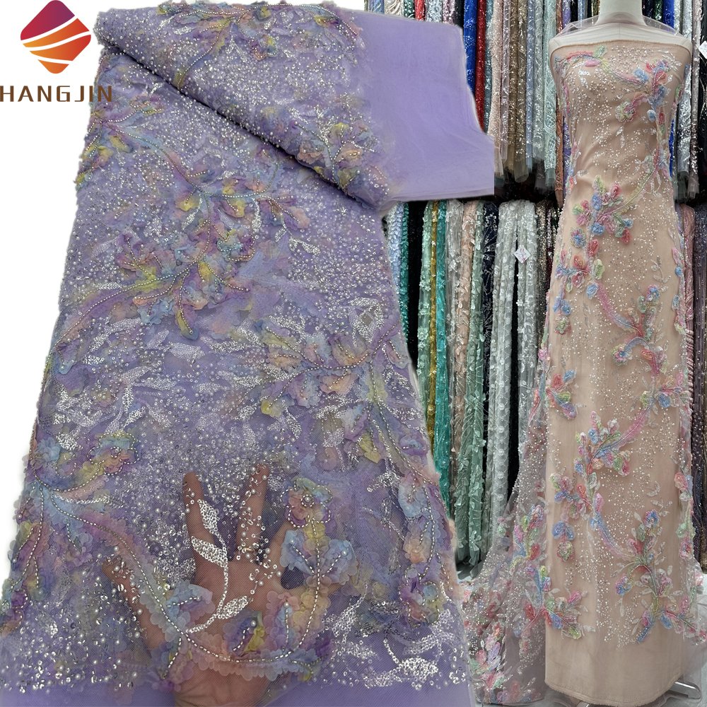 Hot Luxury Beaded Lace Fabrics For Women 3D Embroidery Floral Sequins Tulle Fabric Bridal French Lace For Ceremonial Dress