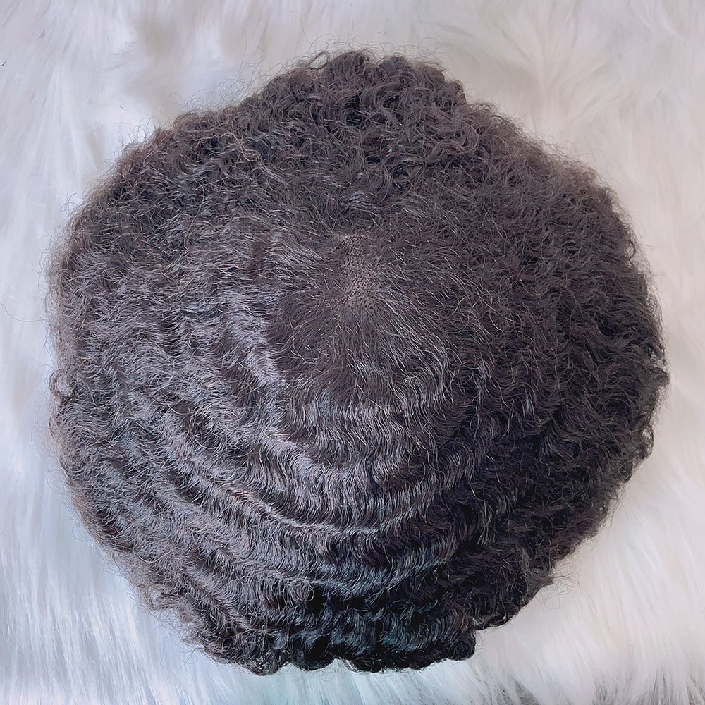 Cheap black color 8mm 10x8 6inch 110% density afro curly real human hair replacement lace with pu base Q6 toupee for afro men