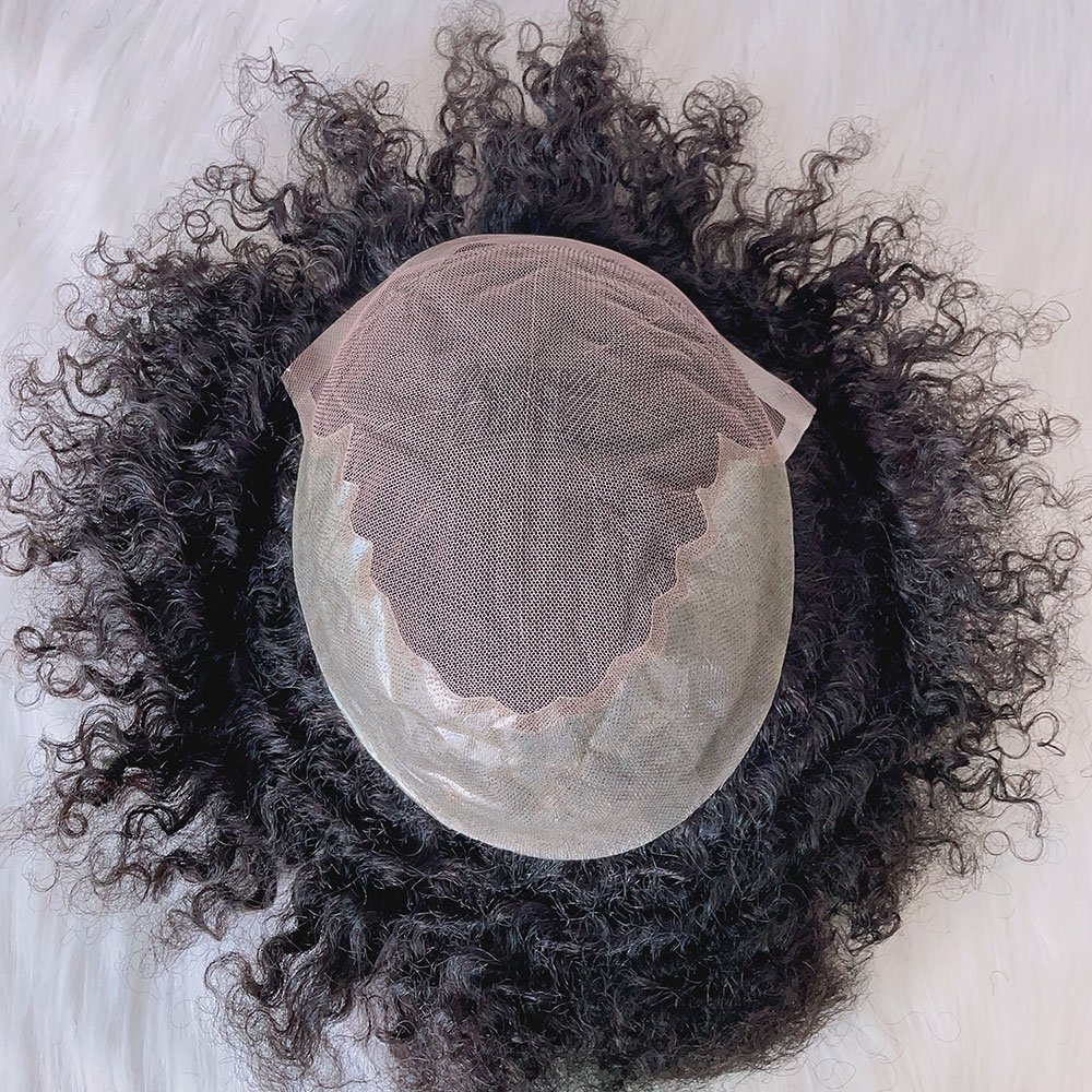 Cheap black color 8mm 10x8 6inch 110% density afro curly real human hair replacement lace with pu base Q6 toupee for afro men