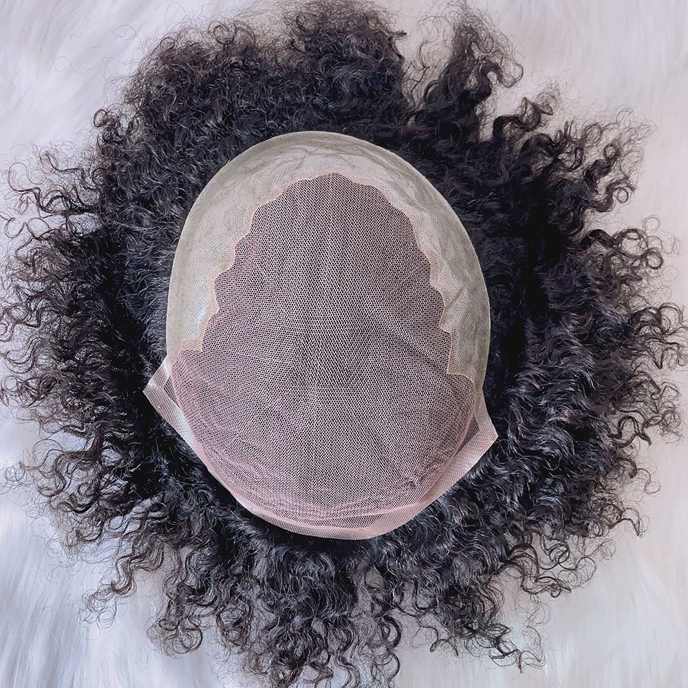 Cheap black color 8mm 10x8 6inch 110% density afro curly real human hair replacement lace with pu base Q6 toupee for afro men
