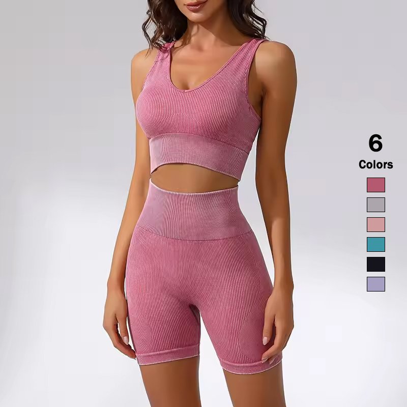 Customized Seamless Knitted Sand Wash Yoga Set Cross Back Long Sleeve Bra High Waist Hip Lifting Short Leggings Sports Set