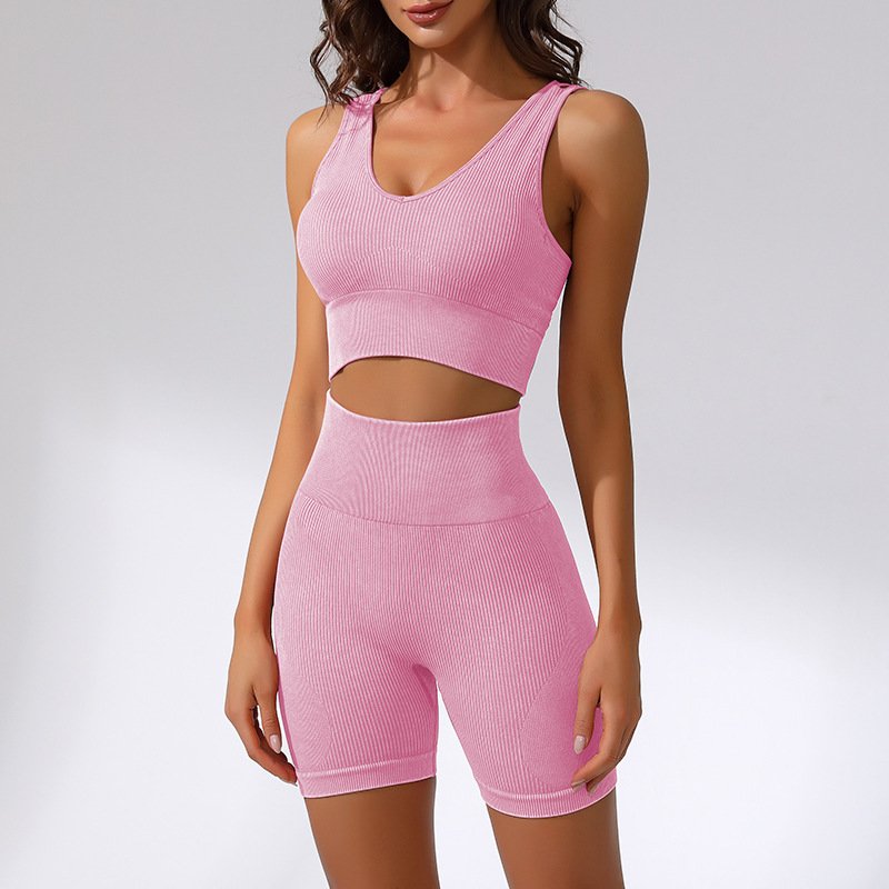 Customized Seamless Knitted Sand Wash Yoga Set Cross Back Long Sleeve Bra High Waist Hip Lifting Short Leggings Sports Set
