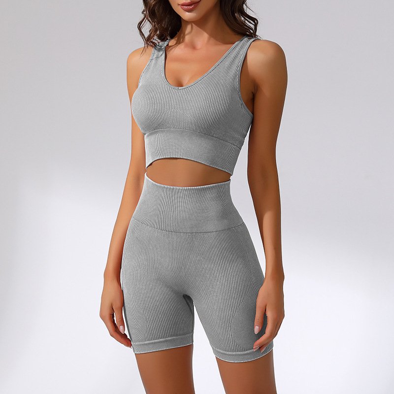Customized Seamless Knitted Sand Wash Yoga Set Cross Back Long Sleeve Bra High Waist Hip Lifting Short Leggings Sports Set