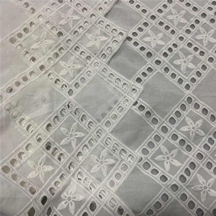 Custom design soft white cotton lace eyelet embroidery fabric for shirt dress