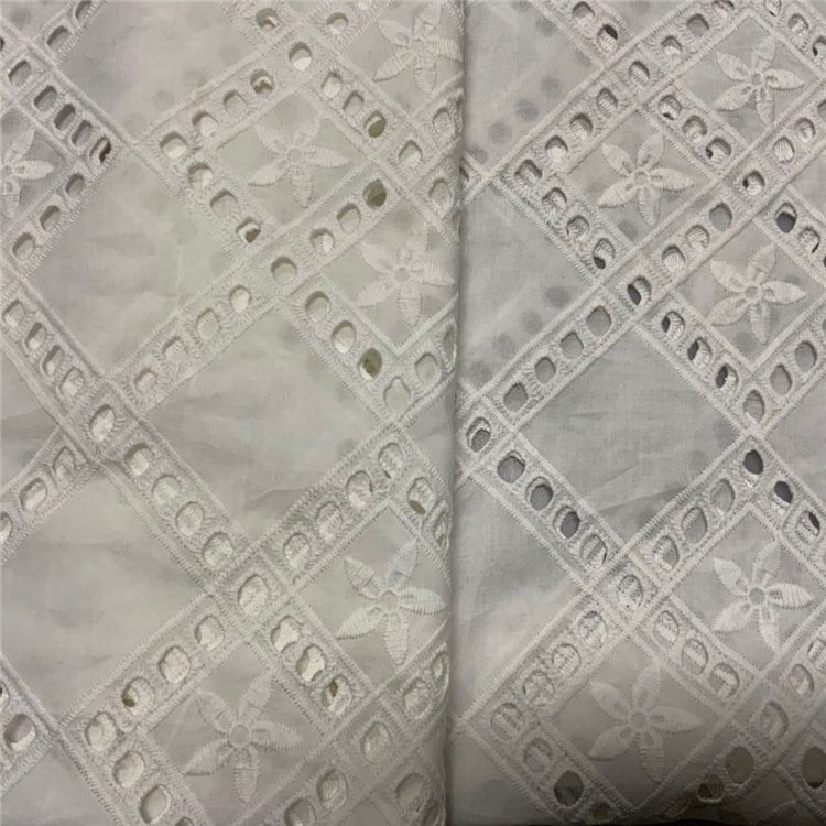 Custom design soft white cotton lace eyelet embroidery fabric for shirt dress