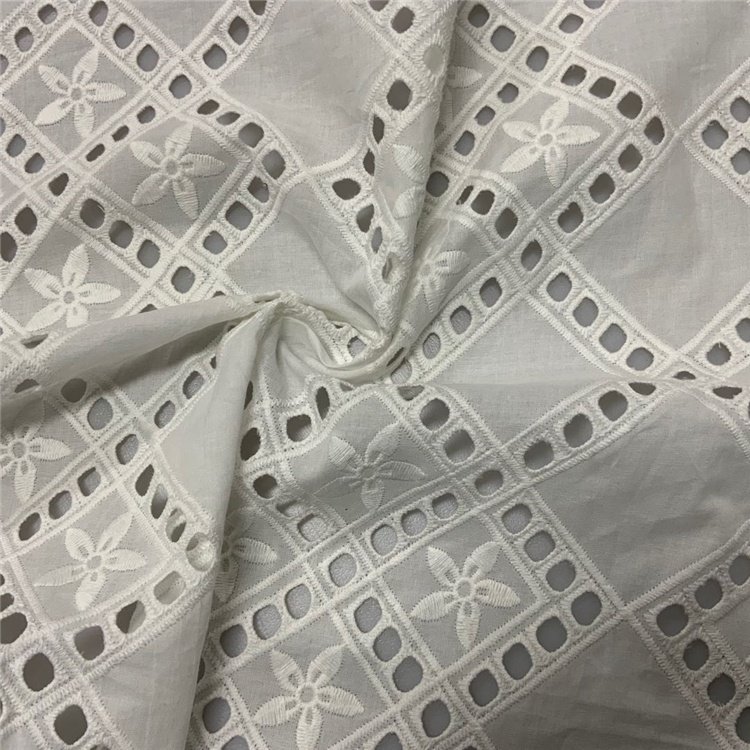 Custom design soft white cotton lace eyelet embroidery fabric for shirt dress