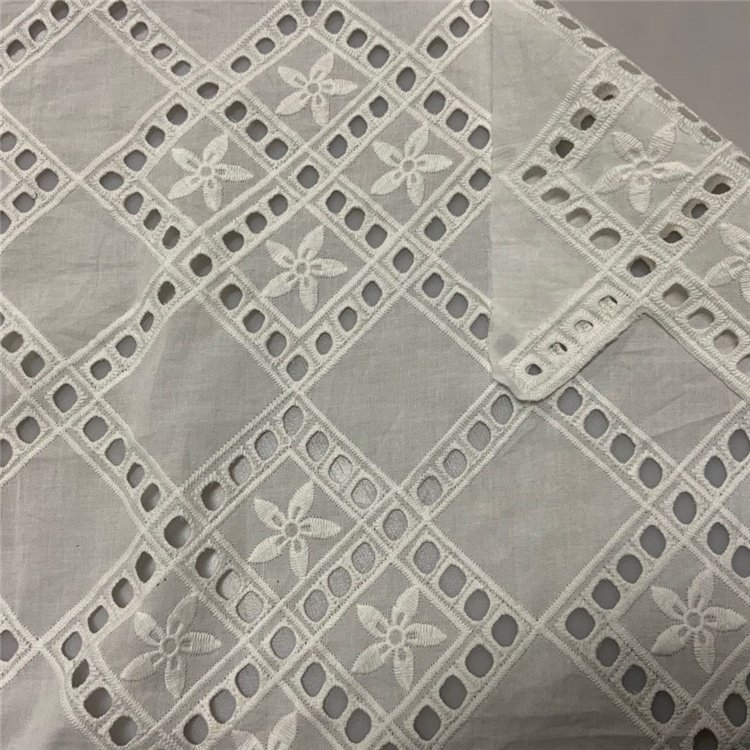 Custom design soft white cotton lace eyelet embroidery fabric for shirt dress