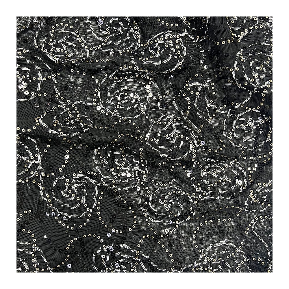 Wholesale stretch sequence french laces sequin embroidery fabrics beaded luxury black lace fabric embroidery