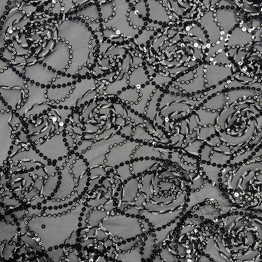 Wholesale stretch sequence french laces sequin embroidery fabrics beaded luxury black lace fabric embroidery
